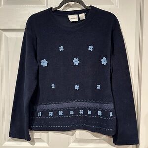 Vintage Y2K Fashion Bug Navy Blue Floral Appliqué Fleece Sweater size Medium